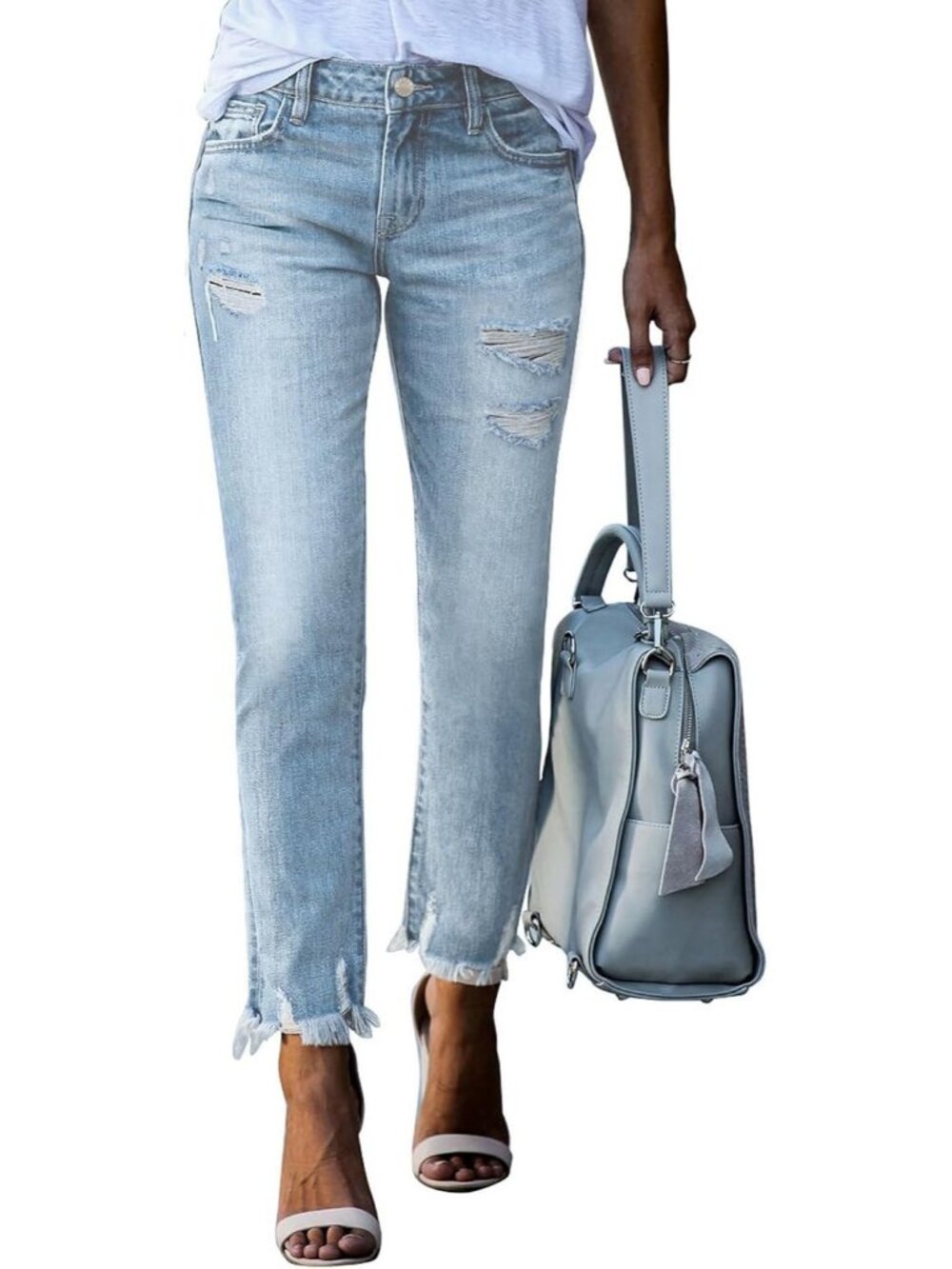 Women's Beau Blue Flat Front Distressed Y2k Pull On High Waisted Ankle Jeans